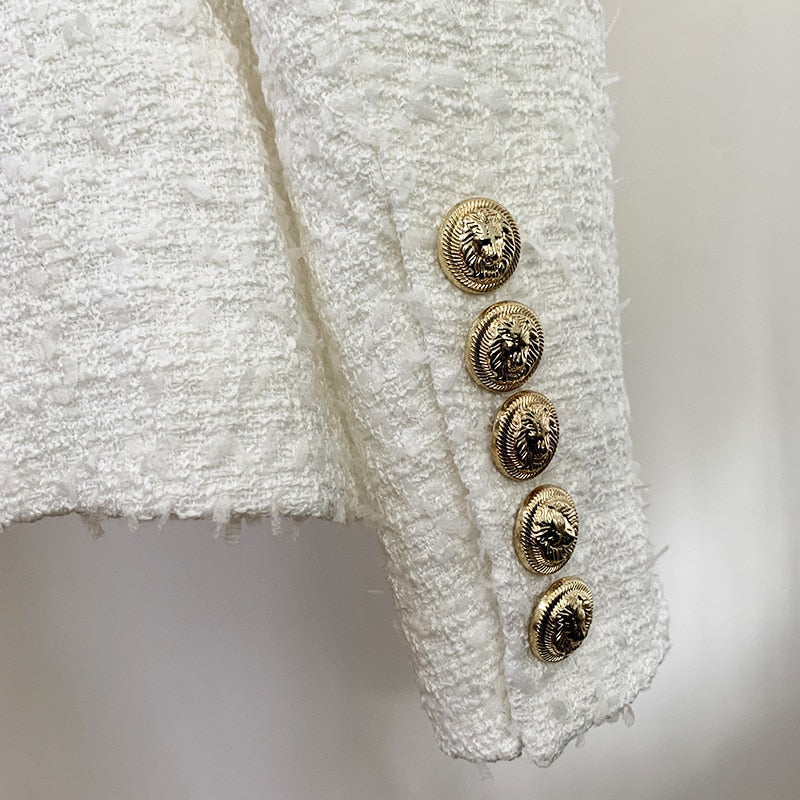 White Tweed Woolen Women Jackets Coat Blazer Autumn Winter 2020 New Double Breasted Pointed Collar with Button Blazers Jacket