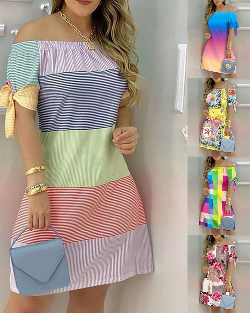 Women Off Shoulder Summer Mini Dress Sexy Short Sleeve Bow Tie Striped Plaid Floral Print A Line Party Short Dresses Vestidos