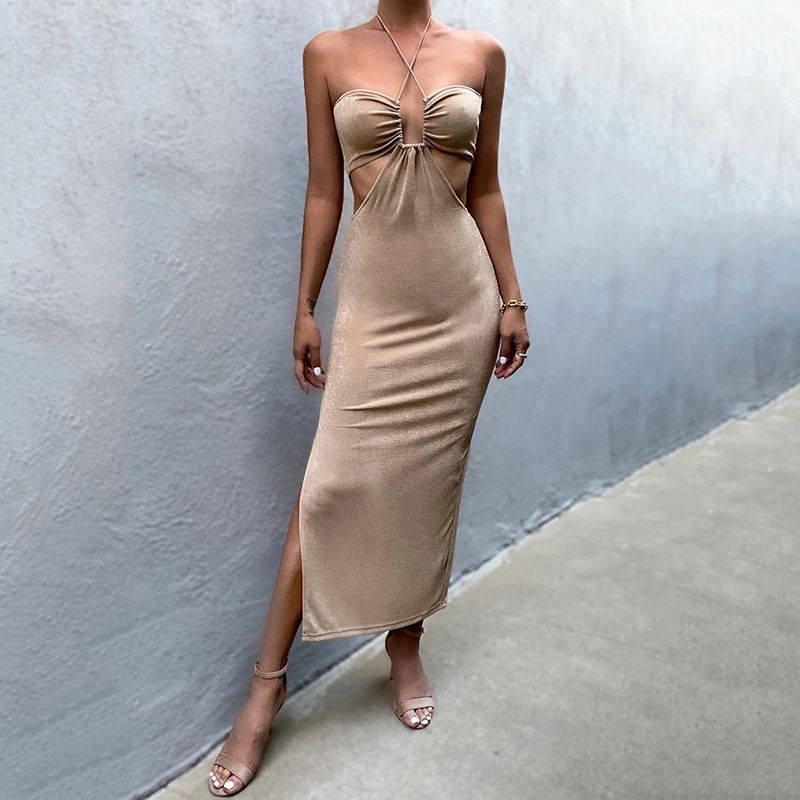 Women Halter Cut Out Backless Corset Midi Dress High Waist Split Slim Grunge Vestidos 2022 Summer Party Club Kawaii Elegant Robe