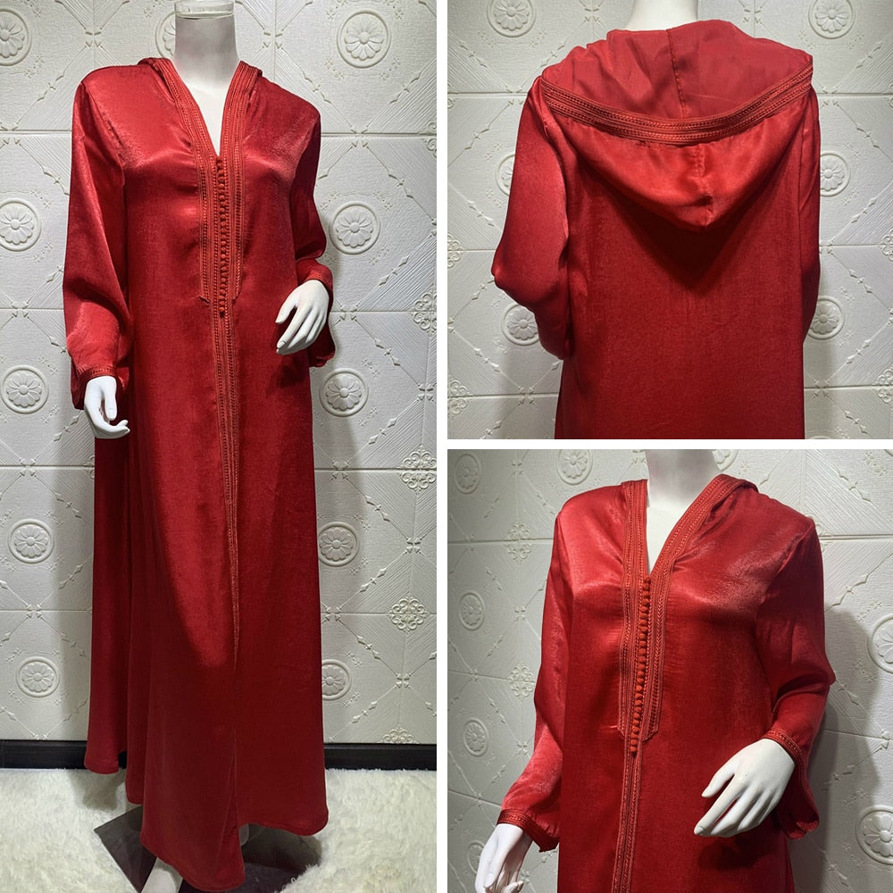 Siskakia Dubai Hooded Abaya Dress for Women France Velvet Ribbon Long Sleeve Moroccan Turkish Arabic Muslim Clothes Red 2020 New