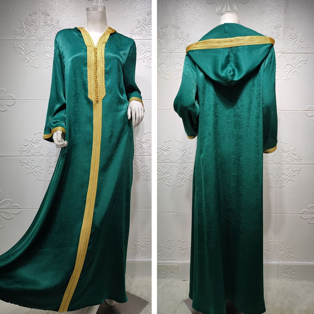 Siskakia Dubai Hooded Abaya Dress for Women France Velvet Ribbon Long Sleeve Moroccan Turkish Arabic Muslim Clothes Red 2020 New