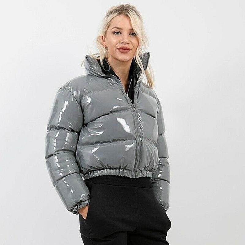 ZHYMIHRET Y2K Neon Color Women's Down Jacket 2021 Long Sleeve Parka Stand Collar Winter Warm Coat Mirror Smooth Zipper Overcoat