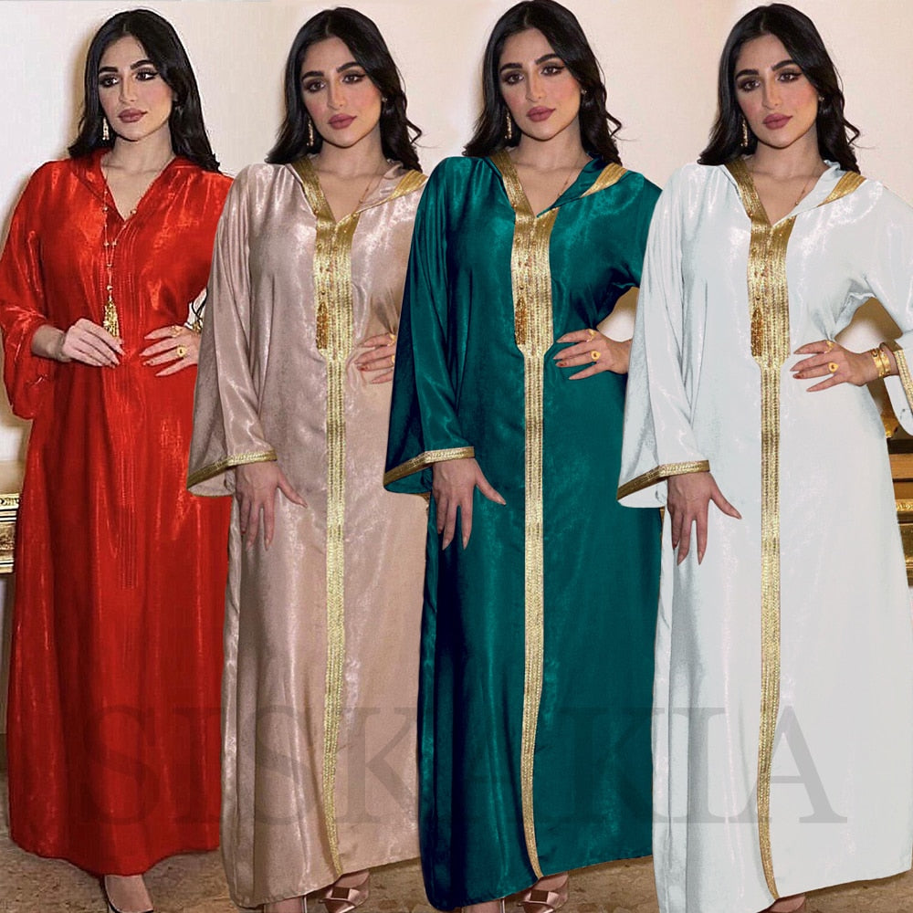Siskakia Dubai Hooded Abaya Dress for Women France Velvet Ribbon Long Sleeve Moroccan Turkish Arabic Muslim Clothes Red 2020 New