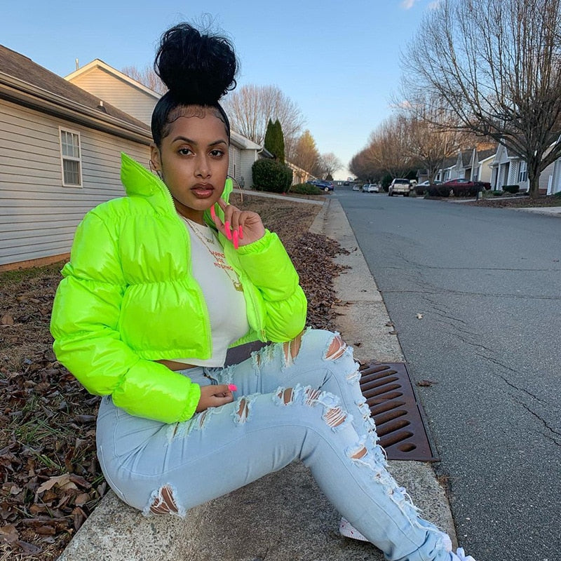 ZHYMIHRET Y2K Neon Color Women's Down Jacket 2021 Long Sleeve Parka Stand Collar Winter Warm Coat Mirror Smooth Zipper Overcoat
