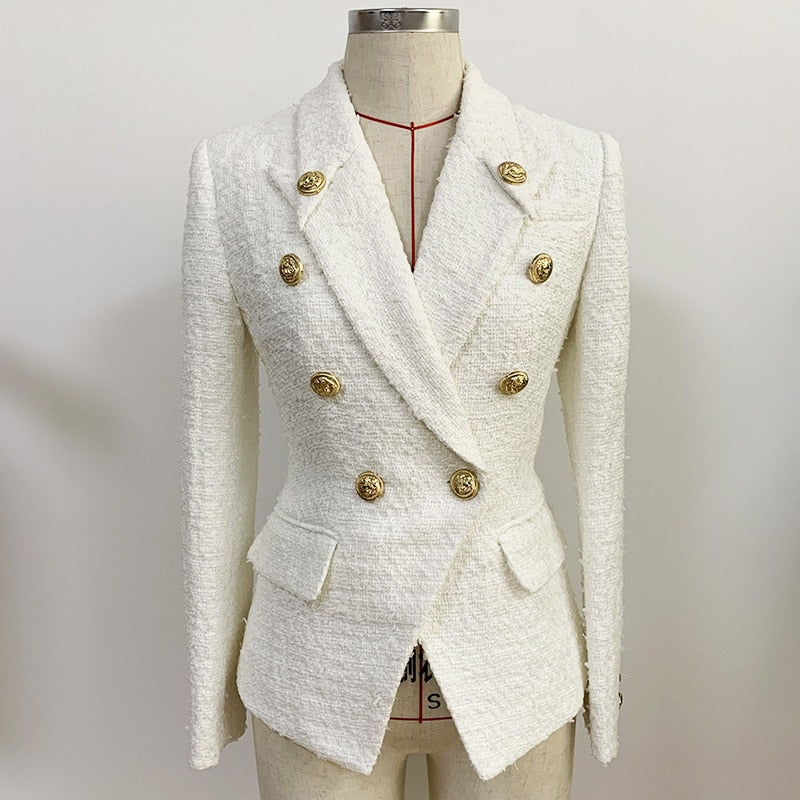 White Tweed Woolen Women Jackets Coat Blazer Autumn Winter 2020 New Double Breasted Pointed Collar with Button Blazers Jacket