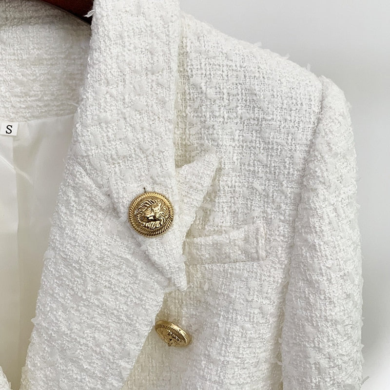 White Tweed Woolen Women Jackets Coat Blazer Autumn Winter 2020 New Double Breasted Pointed Collar with Button Blazers Jacket