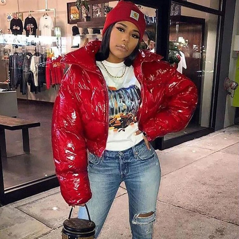 ZHYMIHRET Y2K Neon Color Women's Down Jacket 2021 Long Sleeve Parka Stand Collar Winter Warm Coat Mirror Smooth Zipper Overcoat